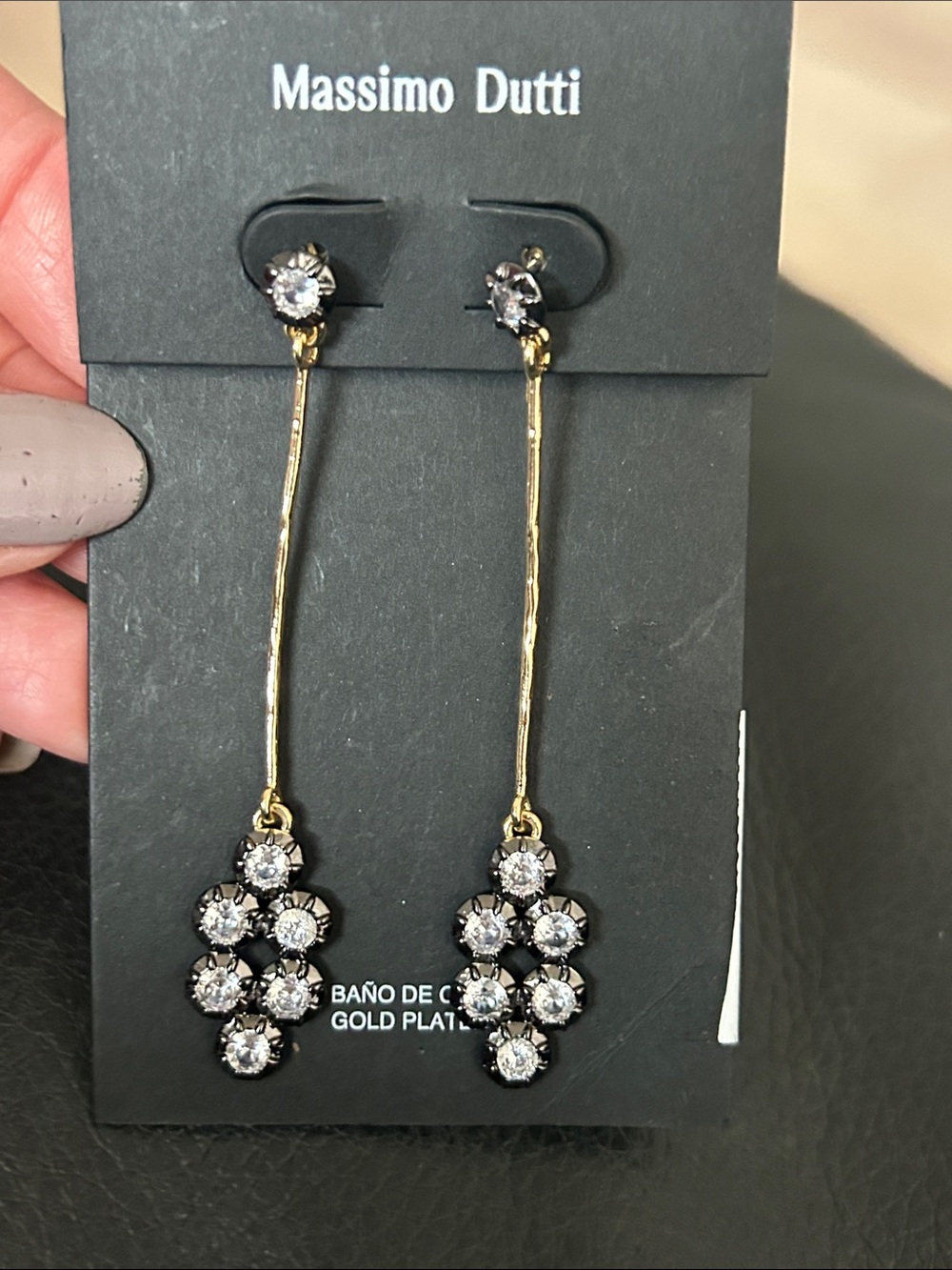 Massimo Dutti Gold Tone Long Drop Earrings with Clear Crystals Gold plated